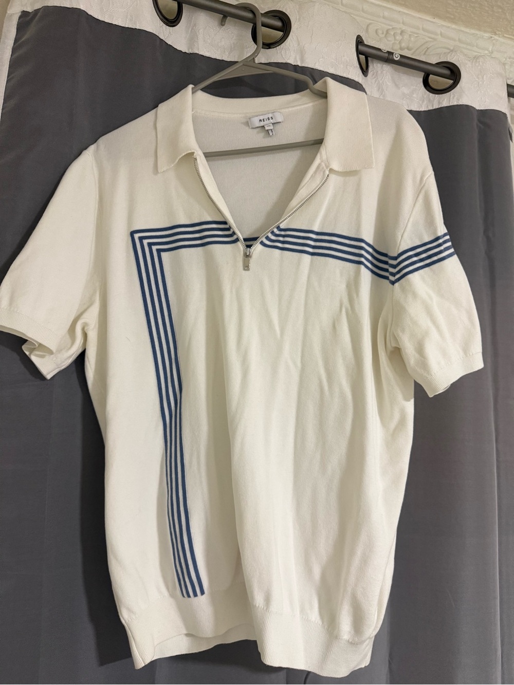 Reiss Cream Short-Sleeve Polo with Blue Stripe Zip